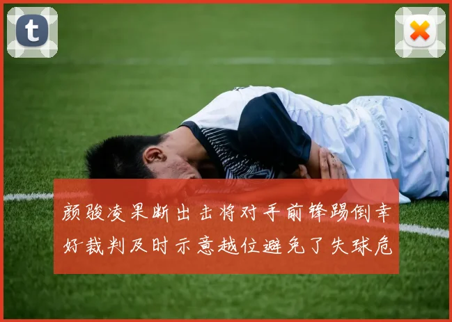 颜骏凌果断出击将对手前锋踢倒幸好裁判及时示意越位避免了失球危机